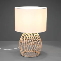 Rike bordlampe, rattanstel og stofskærm