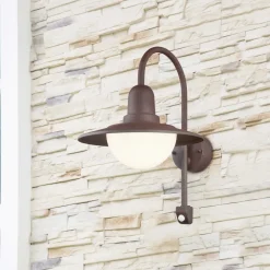 Sensor-udendørs væglampe NORMAN, rust, Ø 30 cm metal/glas IP44