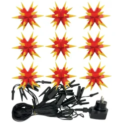 Tofarvet LED-lyskæde med 9 stjerner, gul, rød