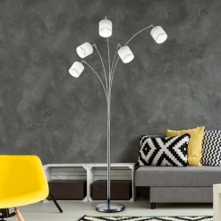 Tommy gulvlampe, nikkel/hvid, højde 200 cm, 5-lys, stof