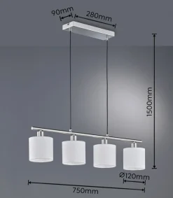 Tommy hængelampe, nikkel/hvid, længde 75 cm, 4-lys, stof