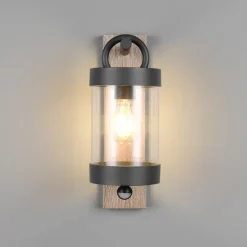 Udendørs væglampe Sambesi, trælook, trykstøbt aluminium, sensor