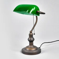 Verda iøjnefaldende banklampe med fod i antikbrun