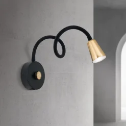 Væglampe Dotty, messingfarvet, fleksibel arm, dæmper, GU10