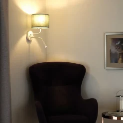 Væglampe med rulle, stof, hvid/sage, læselampe