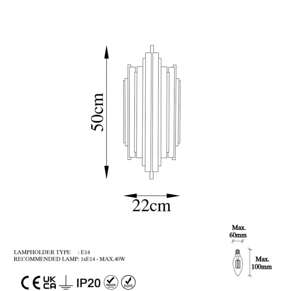 Væglampe Reis 13341, guldfarvet, metal, højde 50 cm